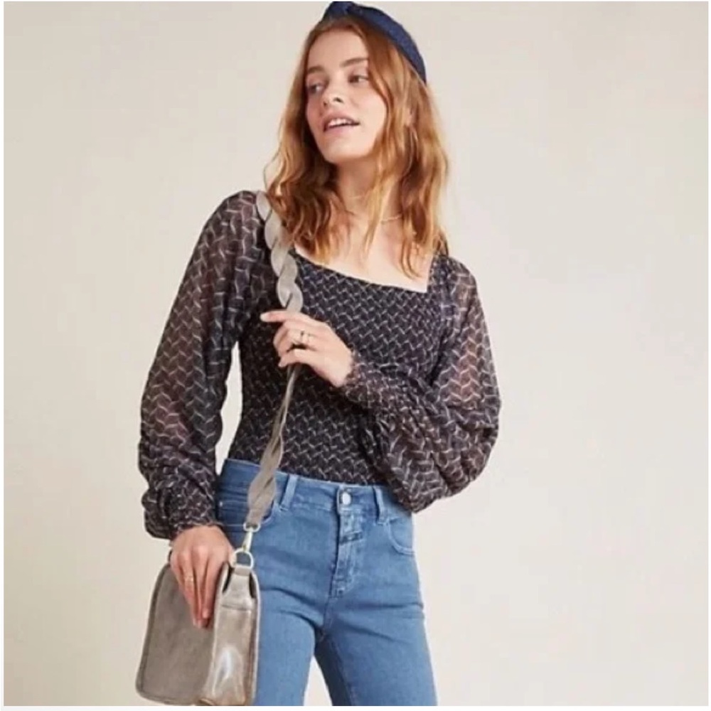 Anthropologie Rouen Smocked Balloon Sleeve Top‎ A29